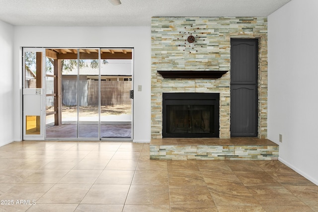 1334 S Glenview Cir, Mesa, AZ 85204 - unfurnished living room with a fireplace, a textured ceiling, tile patterned flooring, and baseboards