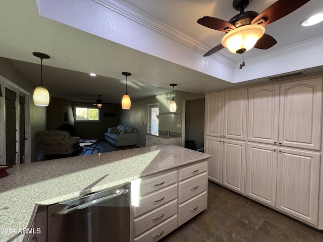 kitchen featuring ceiling fan, dishwasher, hanging light fixtures, crown molding, and a textured ceiling