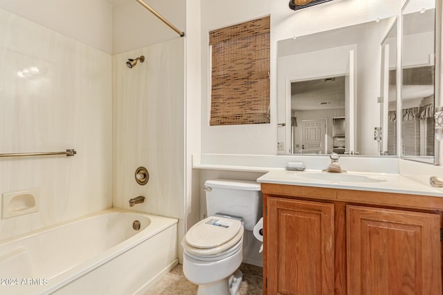 full bath featuring vanity,  shower combination, toilet, and tile patterned flooring