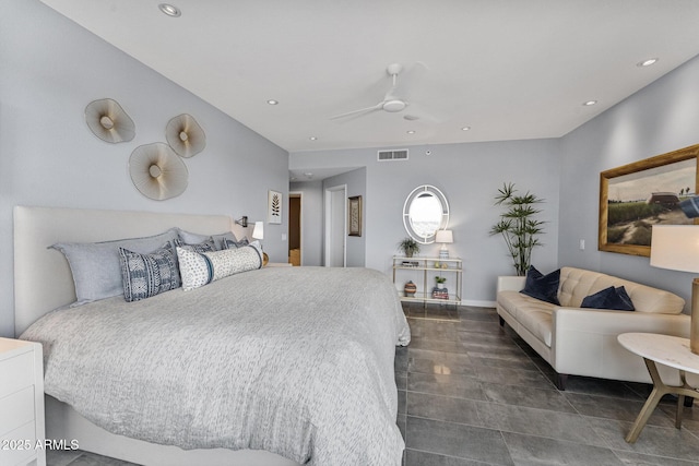 bedroom featuring visible vents, recessed lighting, ceiling fan, and dark tile patterned flooring