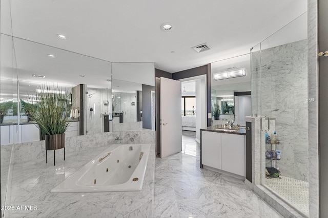 ensuite bathroom with a jetted tub, a marble finish shower, connected bathroom, and visible vents
