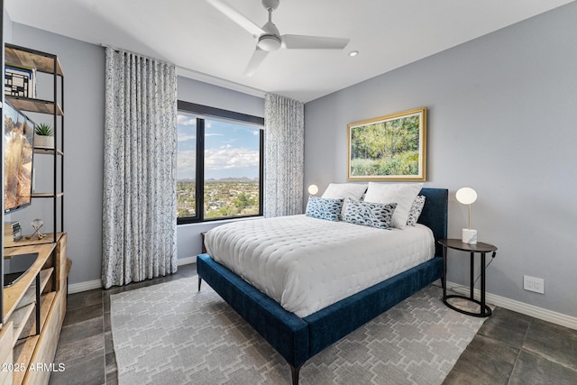 bedroom featuring recessed lighting, baseboards, and a ceiling fan