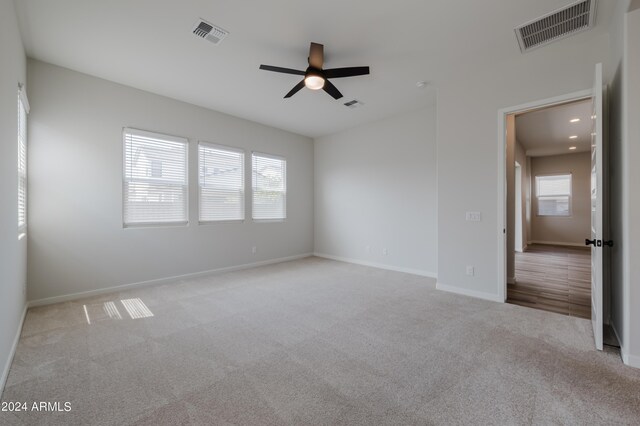 spare room with ceiling fan, plenty of natural light, and light carpet