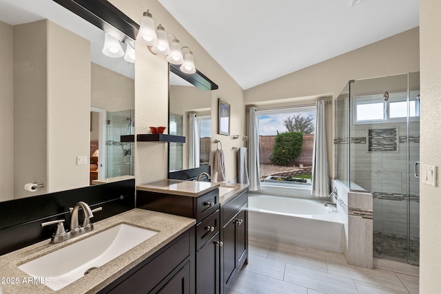 1770 W Derringer Way, Chandler, AZ 85286 - full bath with a garden tub, a stall shower, lofted ceiling, and vanity