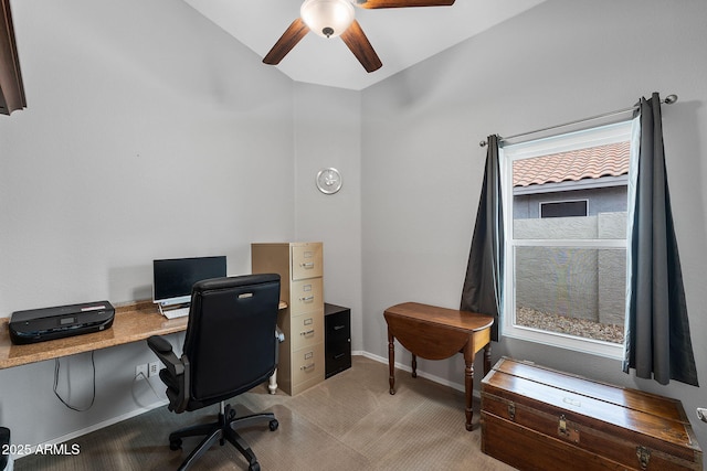 1770 W Derringer Way, Chandler, AZ 85286 - home office featuring a ceiling fan, baseboards, light colored carpet, and vaulted ceiling