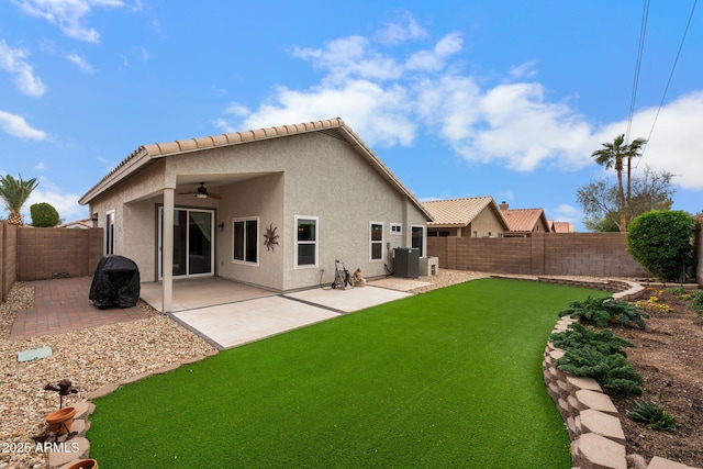 1770 W Derringer Way, Chandler, AZ 85286 - back of house with a ceiling fan, central AC unit, a fenced backyard, a patio, and stucco siding