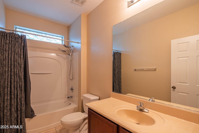 full bath with vanity, toilet, shower / bath combo, and visible vents