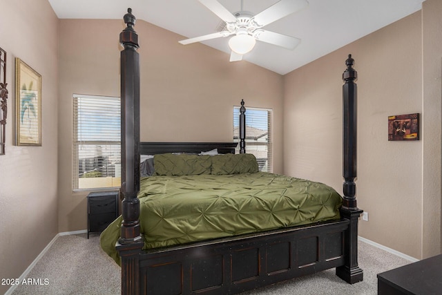 bedroom featuring ceiling fan, vaulted ceiling, and light carpet