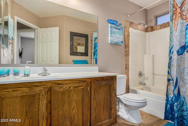 full bathroom featuring vanity, shower / bath combo, and toilet