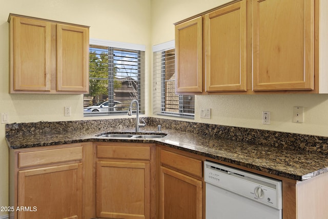 kitchen with dark stone countertops, dishwasher, and a sink