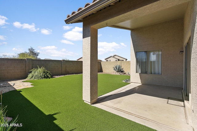 view of yard featuring a patio area and a fenced backyard