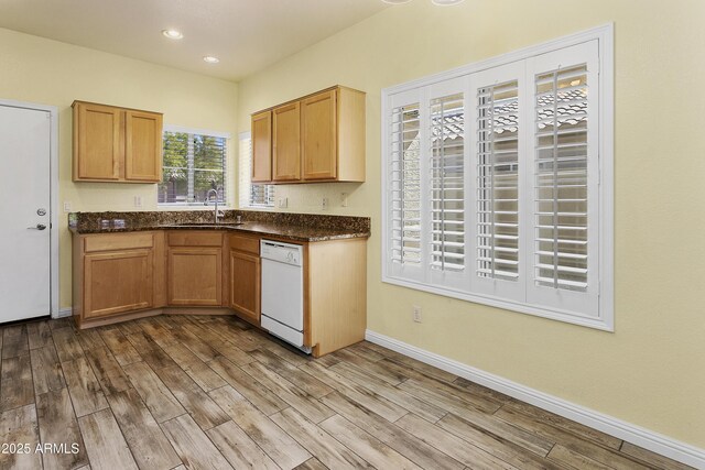 kitchen with dishwasher, dark wood-type flooring, baseboards, and a sink