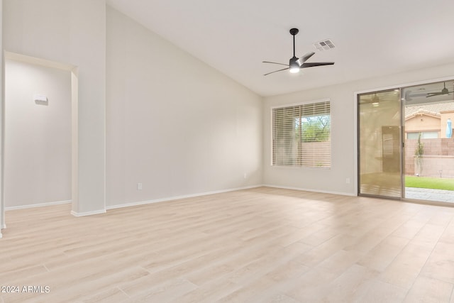 unfurnished room featuring high vaulted ceiling, ceiling fan, and light hardwood / wood-style floors