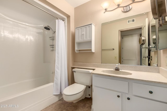 full bathroom featuring toilet, tile patterned flooring, shower / bathtub combination with curtain, and vanity