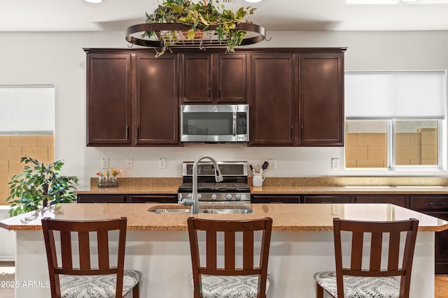 3022 E Santa Fe Ln, Gilbert, AZ 85297 - kitchen with stainless steel appliances, an island with sink, dark brown cabinetry, and plenty of natural light