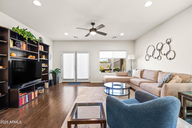 3022 E Santa Fe Ln, Gilbert, AZ 85297 - living area featuring wood finished floors, a ceiling fan, recessed lighting, and french doors
