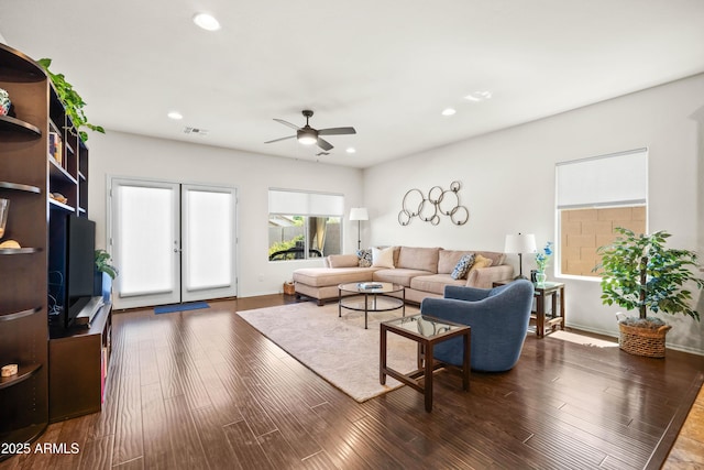 3022 E Santa Fe Ln, Gilbert, AZ 85297 - living room featuring a ceiling fan, wood finished floors, and recessed lighting
