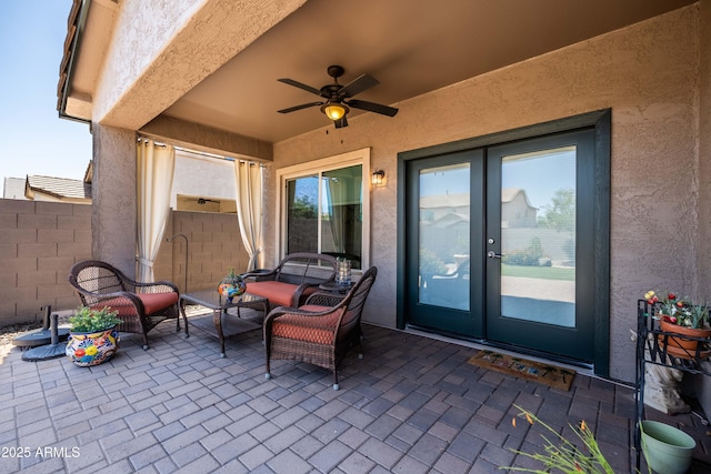3022 E Santa Fe Ln, Gilbert, AZ 85297 - view of patio / terrace featuring french doors, ceiling fan, and an outdoor hangout area