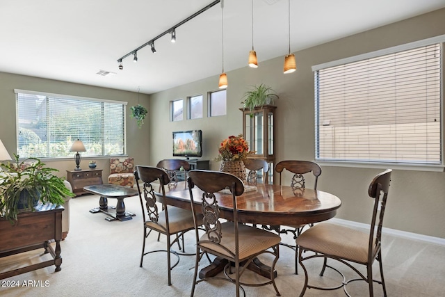 dining area with light colored carpet, track lighting, and baseboards