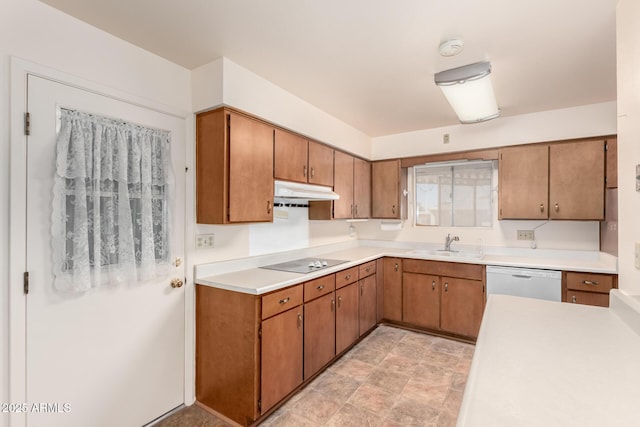 kitchen featuring black electric stovetop, light countertops, white dishwasher, a sink, and under cabinet range hood