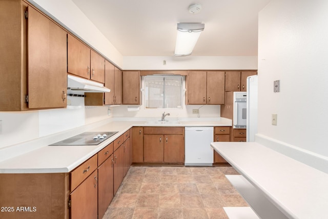 kitchen featuring under cabinet range hood, white appliances, a sink, light countertops, and brown cabinets