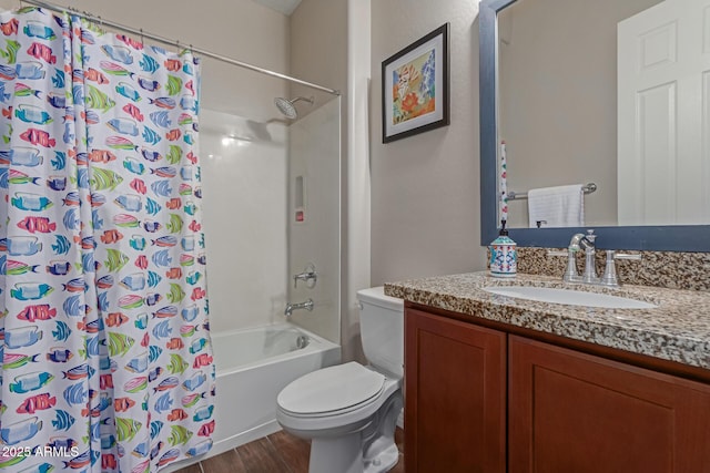 full bathroom featuring toilet, shower / tub combo, wood-type flooring, and vanity