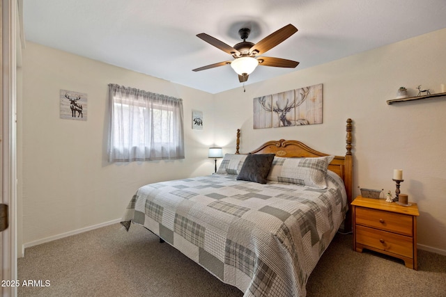 bedroom featuring a ceiling fan, carpet floors, and baseboards