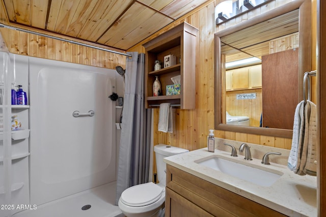 full bathroom featuring a stall shower, toilet, wooden ceiling, and wood walls