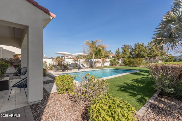 view of swimming pool featuring a lawn and a patio area