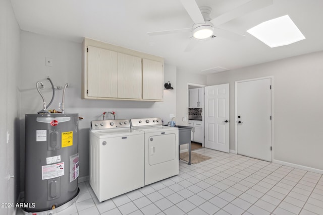 laundry area featuring light tile flooring, independent washer and dryer, hookup for a washing machine, electric water heater, and ceiling fan