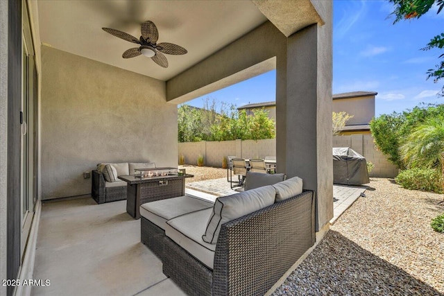 6503 E Bluefield Ave, Phoenix, AZ 85054 - view of patio with an outdoor hangout area, a ceiling fan, a fenced backyard, and grilling area