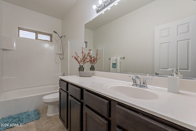 full bathroom featuring toilet, vanity, shower / bath combination, and tile patterned flooring