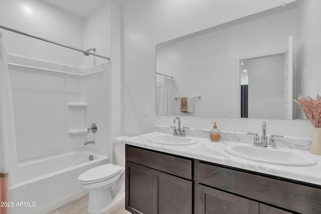 full bathroom with toilet, double vanity, and shower / bath combo with shower curtain