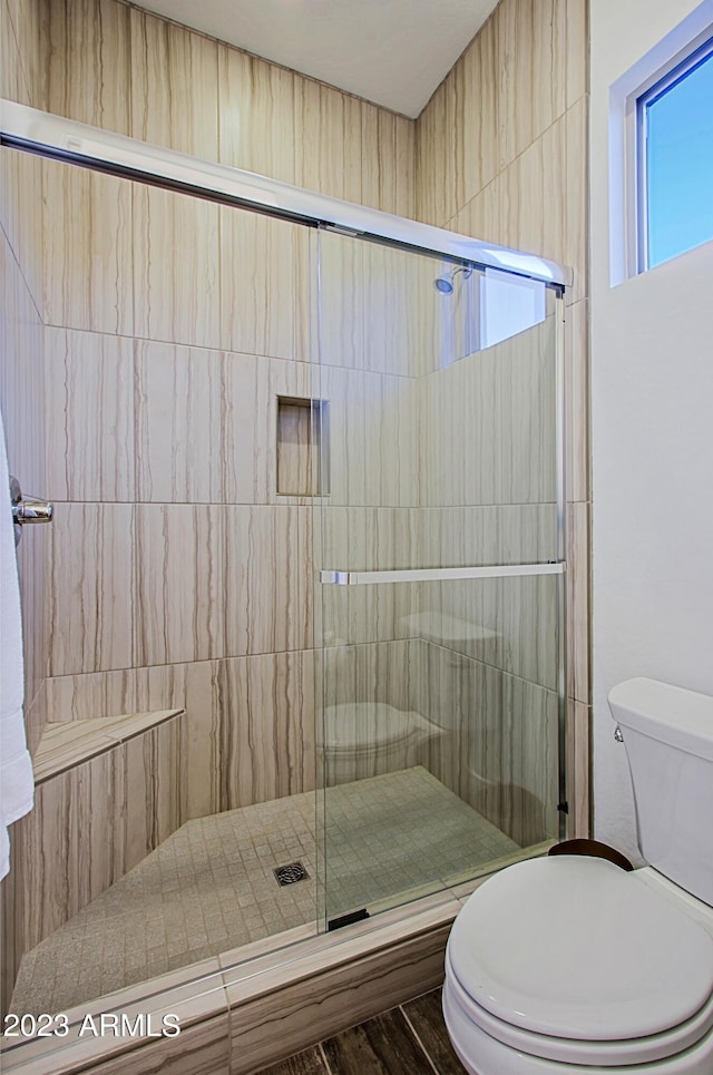 bathroom with toilet and a shower with shower door