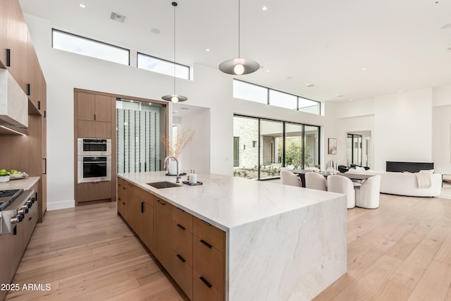 kitchen featuring light wood-type flooring, a spacious island, a sink, modern cabinets, and open floor plan