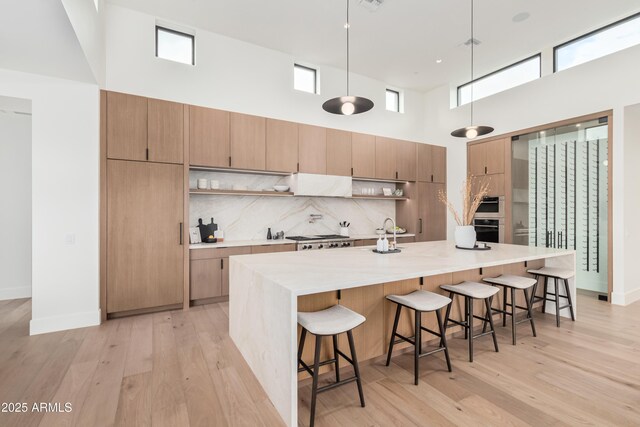 kitchen with backsplash, a kitchen bar, light wood-type flooring, a large island with sink, and open shelves