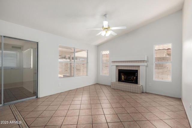 4336 E Aspen Ave, Mesa, AZ 85201 - unfurnished living room featuring vaulted ceiling, ceiling fan, a fireplace, and light tile patterned floors