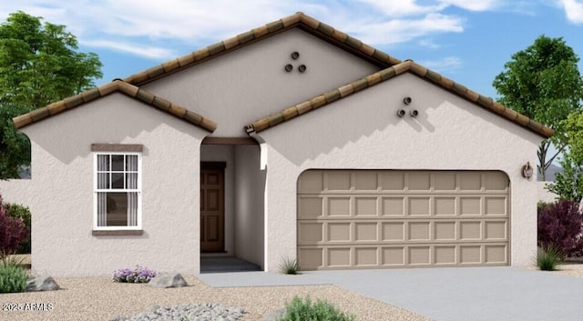 5742 E Iris Dr, Florence, AZ 85132 - mediterranean / spanish-style home featuring driveway, an attached garage, stucco siding, and a tiled roof