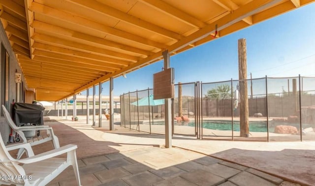 view of patio with a fenced in pool and area for grilling