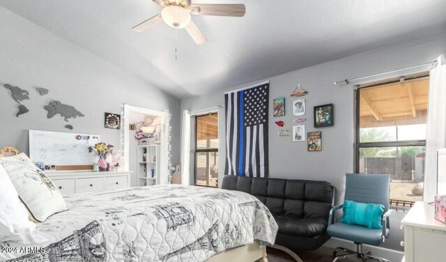 bedroom featuring ceiling fan, a closet, a walk in closet, and vaulted ceiling