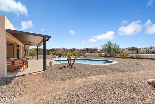 view of pool featuring a patio and ceiling fan