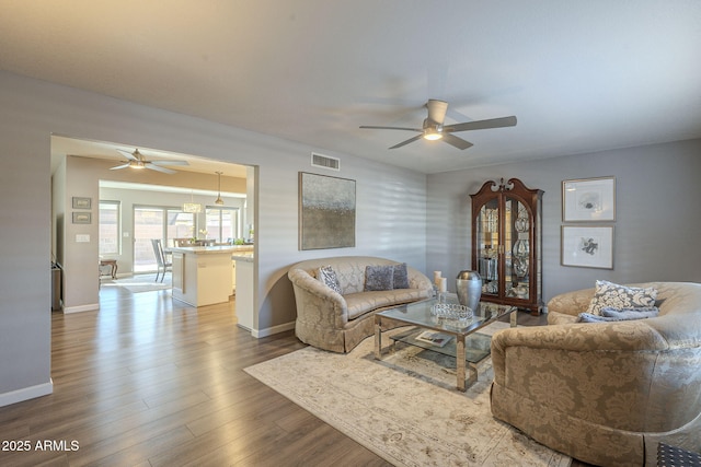 living room with hardwood / wood-style flooring and ceiling fan