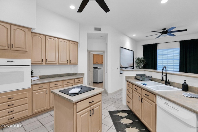18161 N 63rd Ln, Glendale, AZ 85308 - kitchen with white appliances, light brown cabinetry, ceiling fan, and a sink
