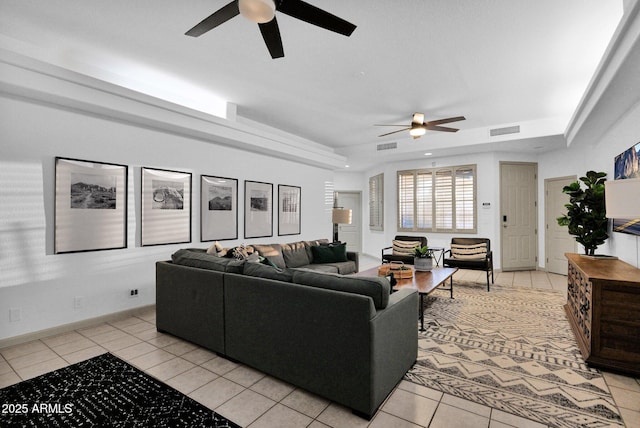 18161 N 63rd Ln, Glendale, AZ 85308 - living area featuring light tile patterned flooring, a ceiling fan, visible vents, and a raised ceiling