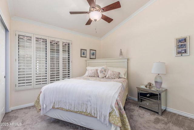 carpeted bedroom featuring ornamental molding, baseboards, a ceiling fan, and lofted ceiling
