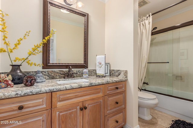 full bathroom featuring crown molding, vanity, toilet, enclosed tub / shower combo, and tile patterned flooring