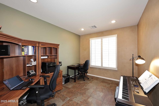 office area with recessed lighting, baseboards, and visible vents