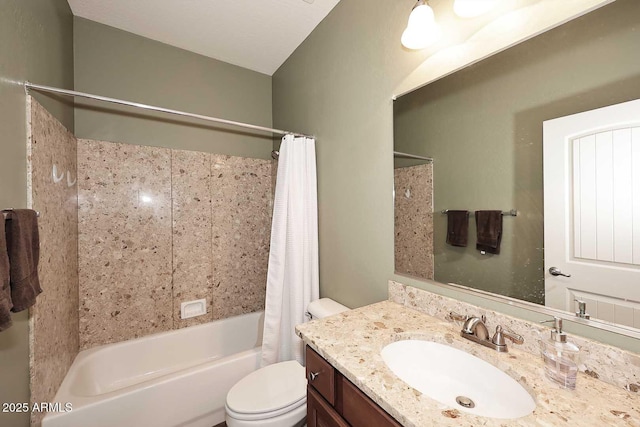 bathroom featuring vanity, toilet, and shower / tub combo with curtain