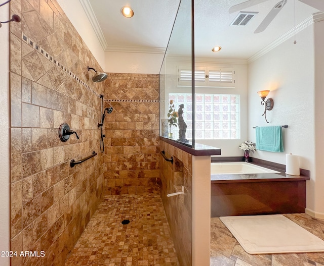 bathroom with visible vents, walk in shower, ornamental molding, and a bath