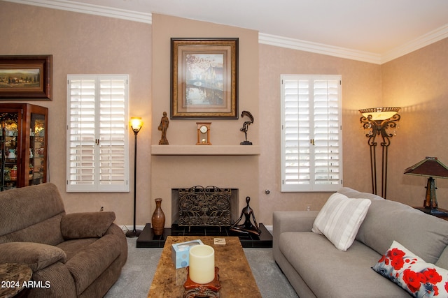 carpeted living room featuring ornamental molding